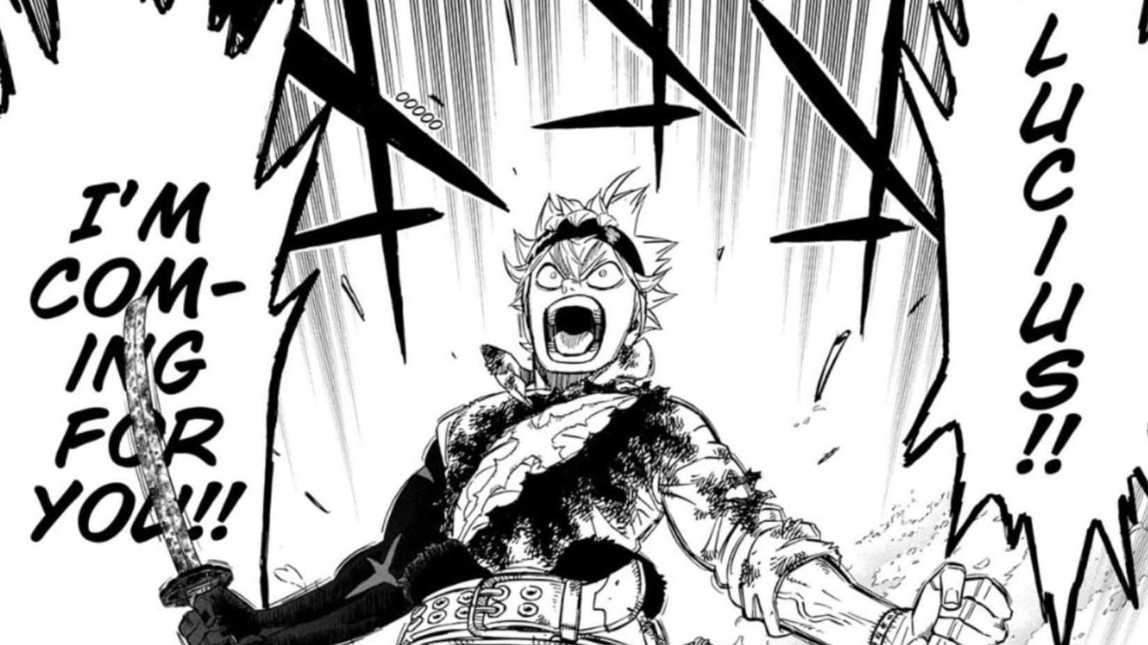 Asta shouting while equipping his Demon-Slasher Katana in Black Clover manga.