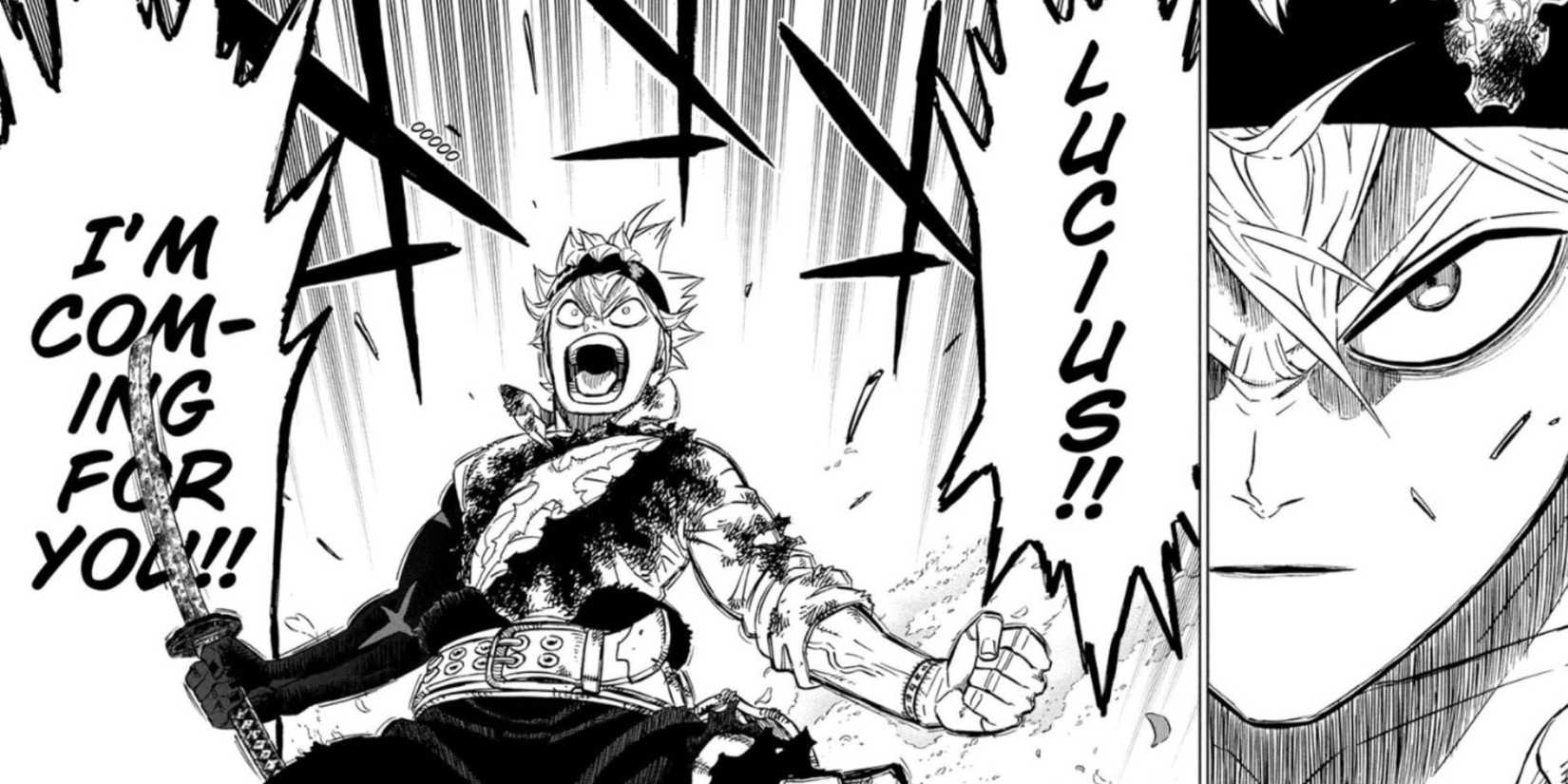 Asta roaring at Lucius Zograpis while holding her Katana in a Black Clover manga