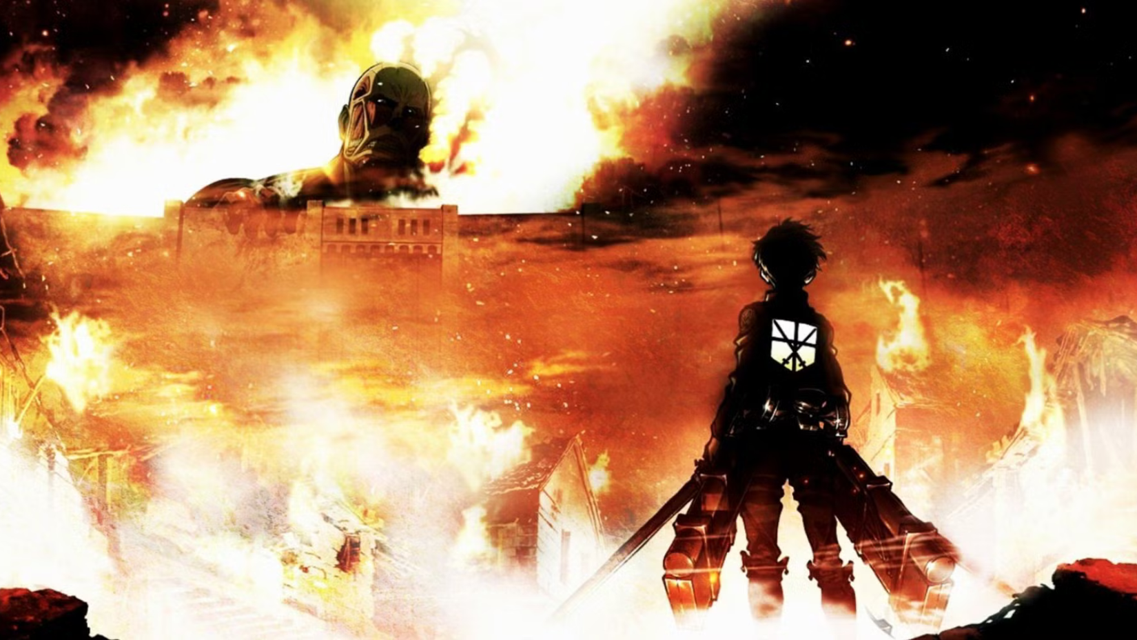 attack on titan anime featured image eren yeager jeager staring at the collosal titan breaking down the walls in season 1 poster 1
