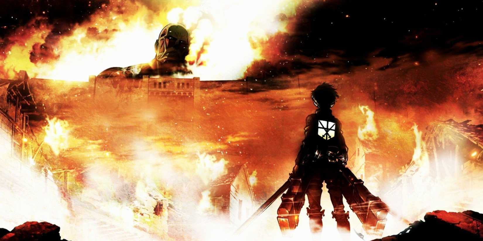 Attack on Titan anime featured image - Eren Yeager Jeager staring at the Collosal Titan breaking down the walls in season 1 poster