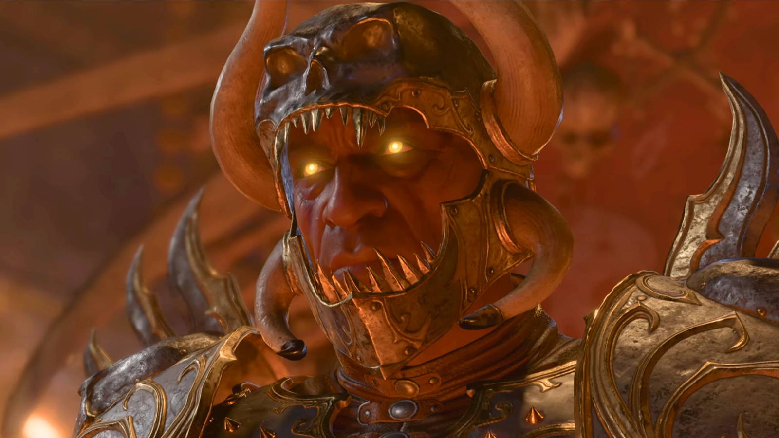 A close-up on Sarevok in Baldur's Gate 3. He has glowing yellow eyes and is wearing a helmet fashioned after a skull with its mouth open.