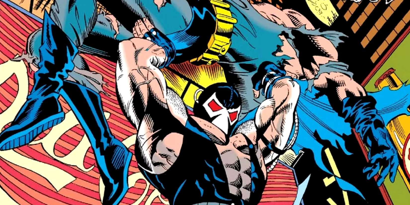 Bane segura Batman acima da cabeça nos quadrinhos Knightfall da DC.