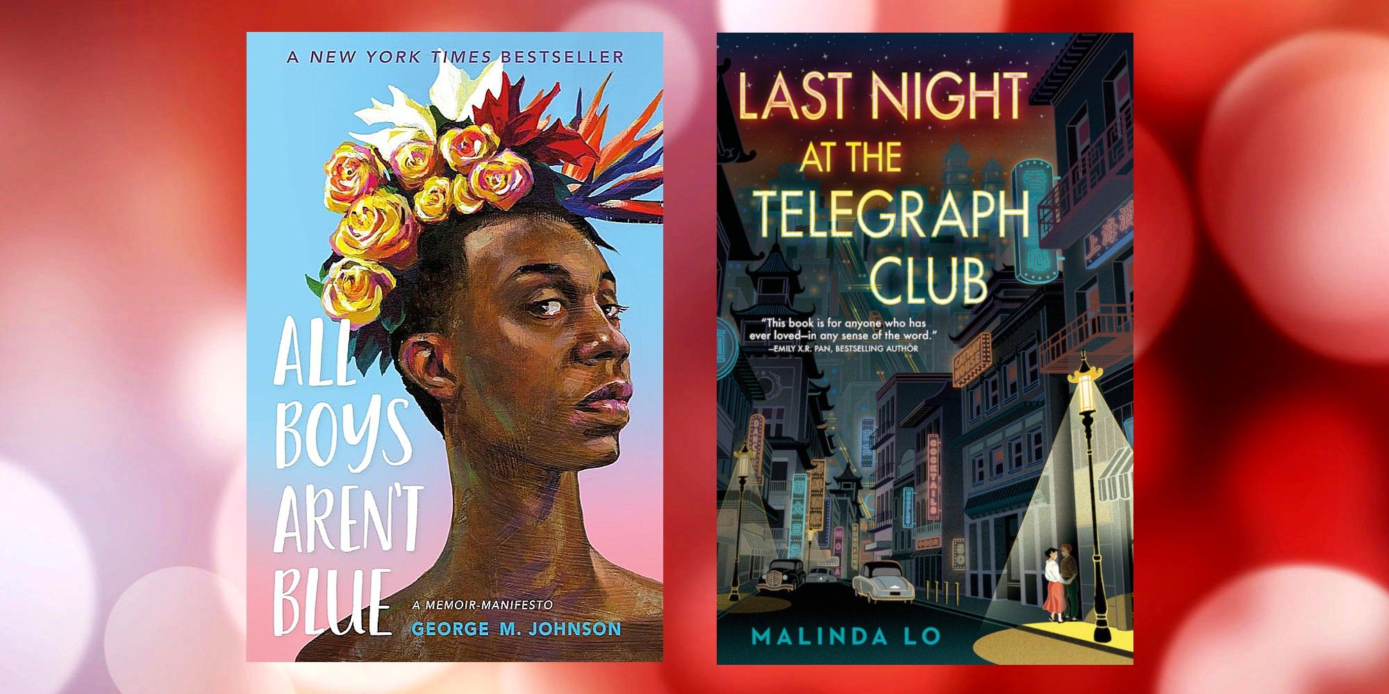 The covers of All Boys Aren't Blue and Last Night at the Telegraph Club against a red background