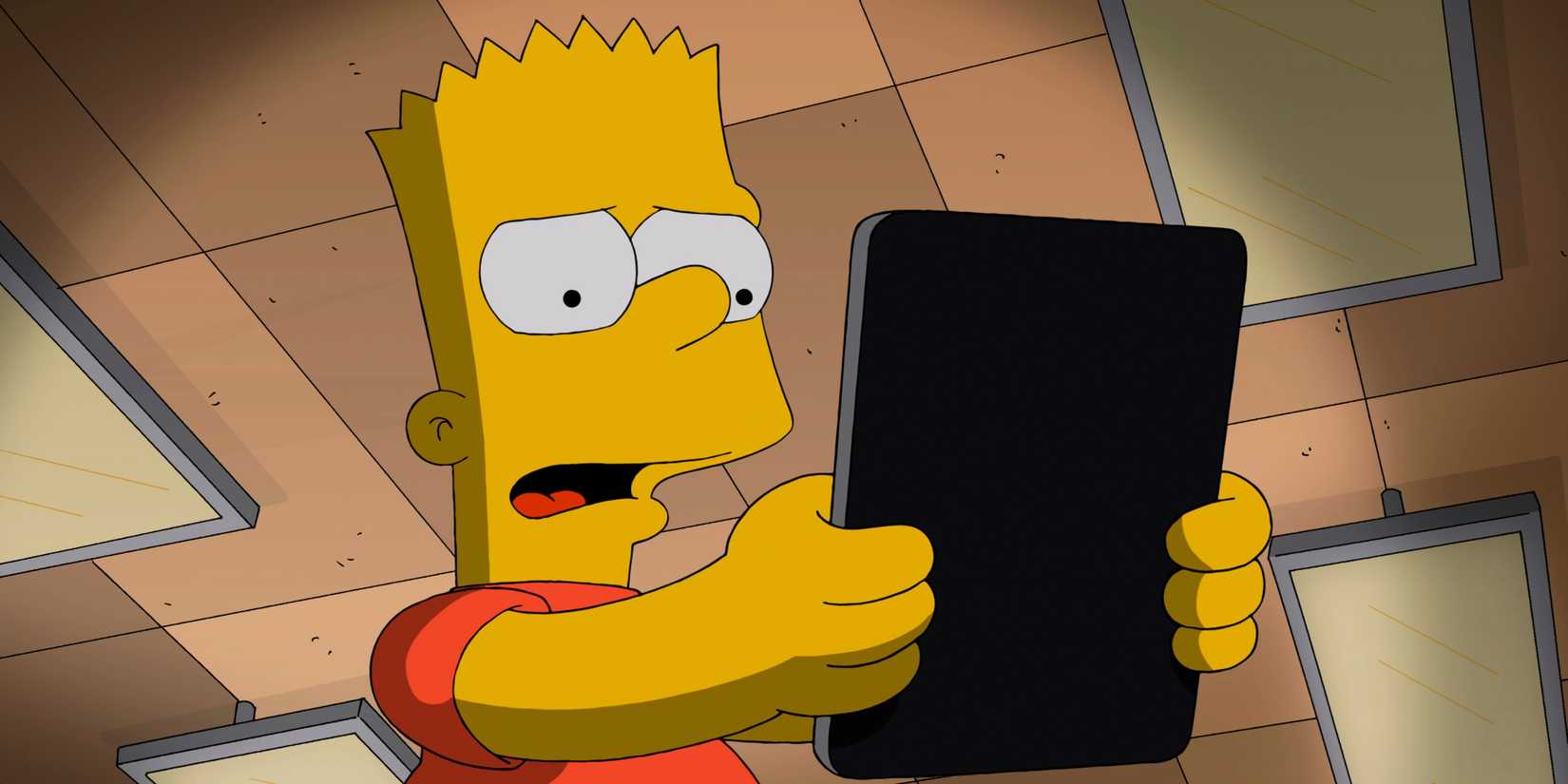 Bart preocupado olhando para um tablet em Os Simpsons.