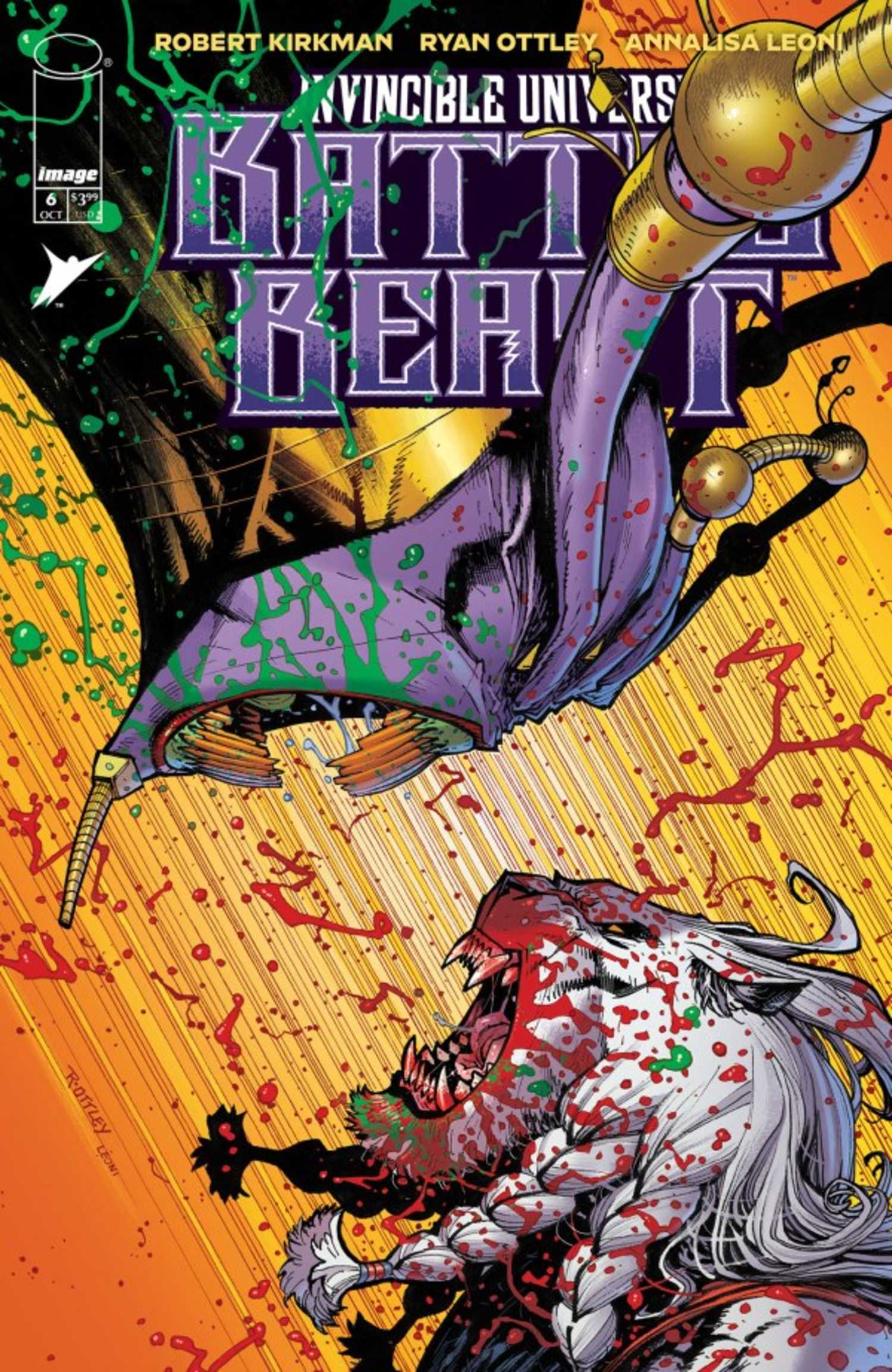 Battle Beast #6, the Beast roaring in the face of an alien enemy as blood splatters around them