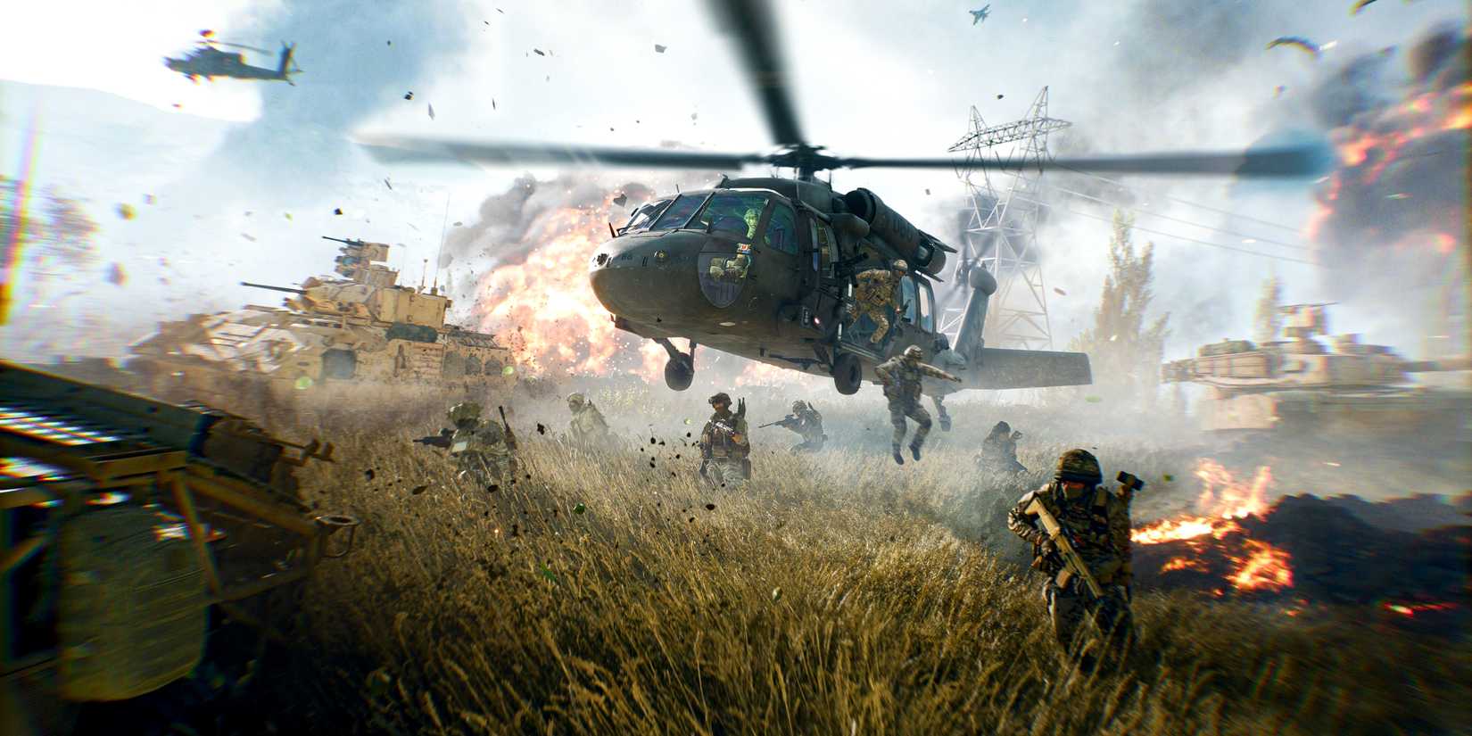 Battlefield 6 Blackhawk helicopter dropping off infantry with armor vehicles and explosions in the background.