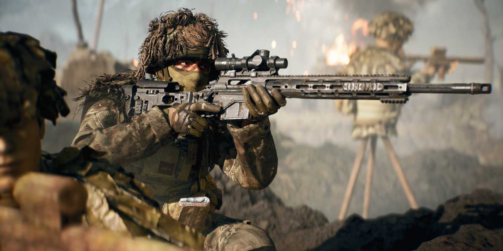 A Battlefield 6 Recon character aiming a sniper rifle in front of a decoy standee.