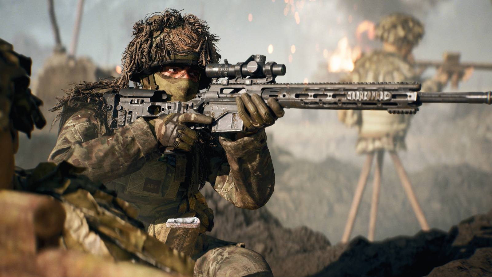A Battlefield 6 Recon character aiming a sniper rifle in front of a decoy standee.