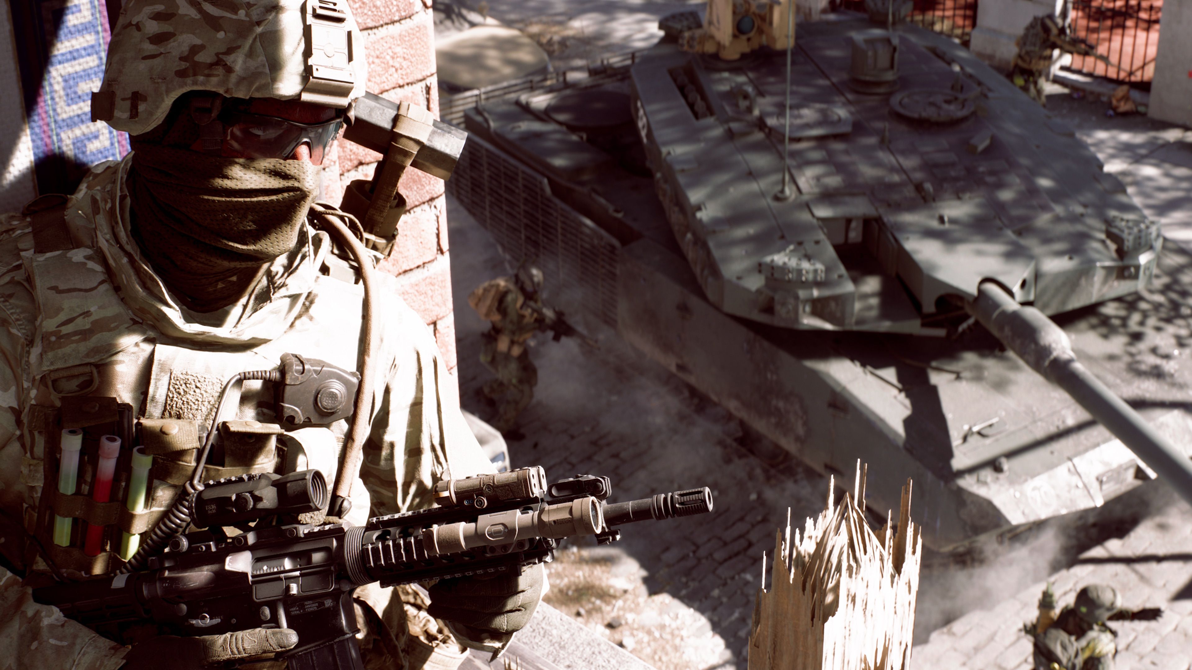 A Battlefield 6 soldier hiding from a tank as it rolls by on the street below.