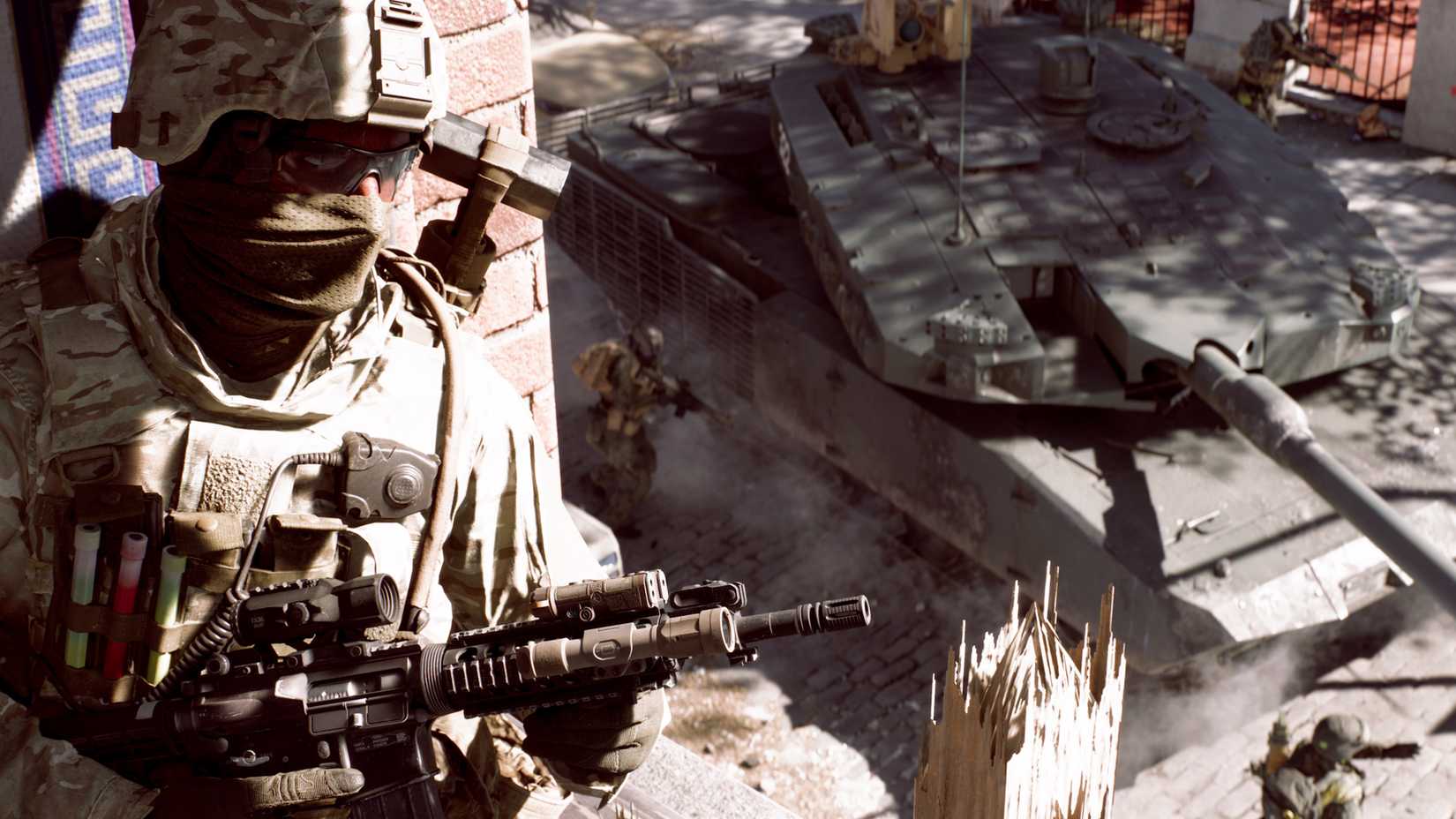 A Battlefield 6 soldier hiding from a tank as it rolls by on the street below.