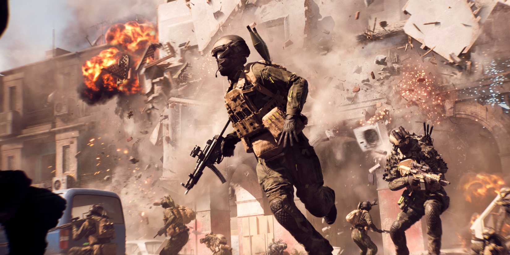 Uma captura de tela de soldados correndo por prédios explodindo em um deserto no Battlefield 6.