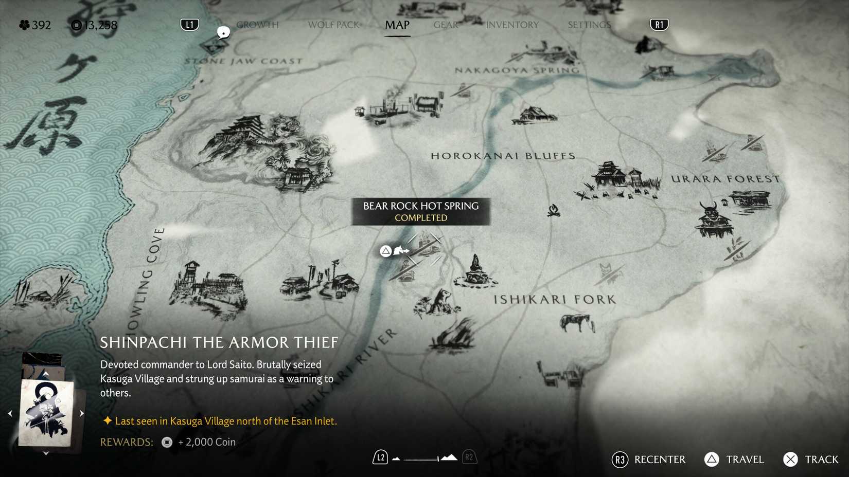 Map screen showing the location of Bear Rock Hot Spring in Ghost of Yotei.