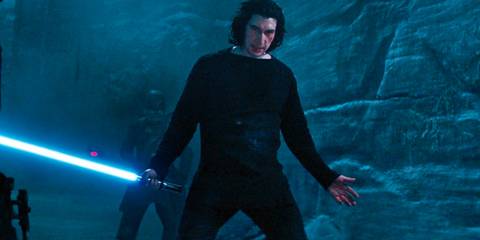 Ben Solo fighting the Knights of Ren in The Rise of Skywalker with a blue lightsaber in his hand