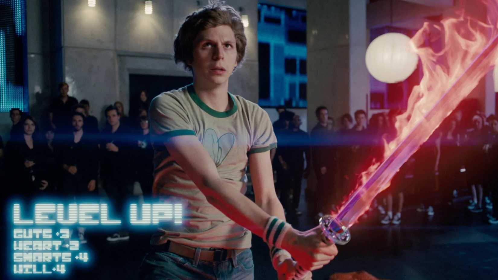 Scott Pilgrim empunhando uma espada em chamas em 'Scott Pilgrim vs. the World'