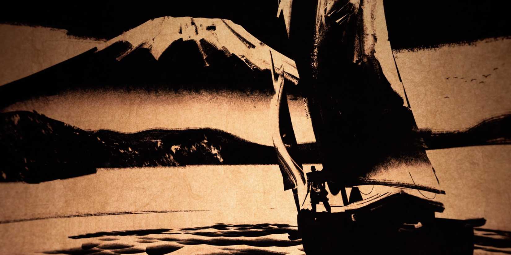 Black and white painting of Jin Sakai sailing toward Mount Yotei in Ghost of Yotei.