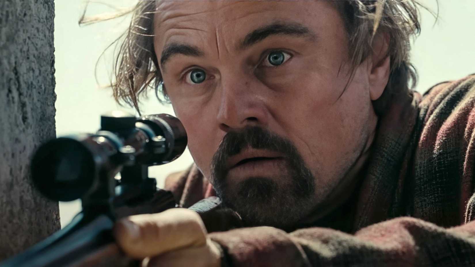 Bob in close-up looking shocked as he holds his rifle in One Battle After Another