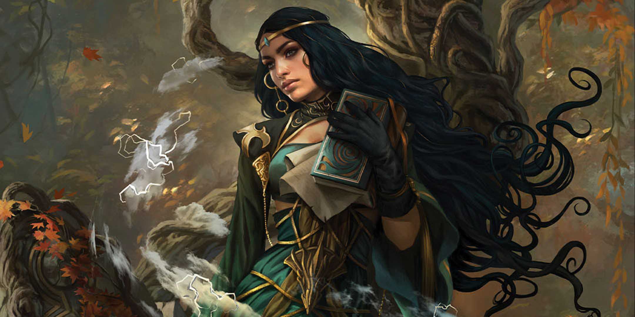 A woman holding a book in a woodland setting from the Cosmere RPG