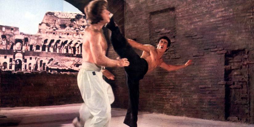 Bruce Lee kicking Chuck Norris in Way of the Dragon