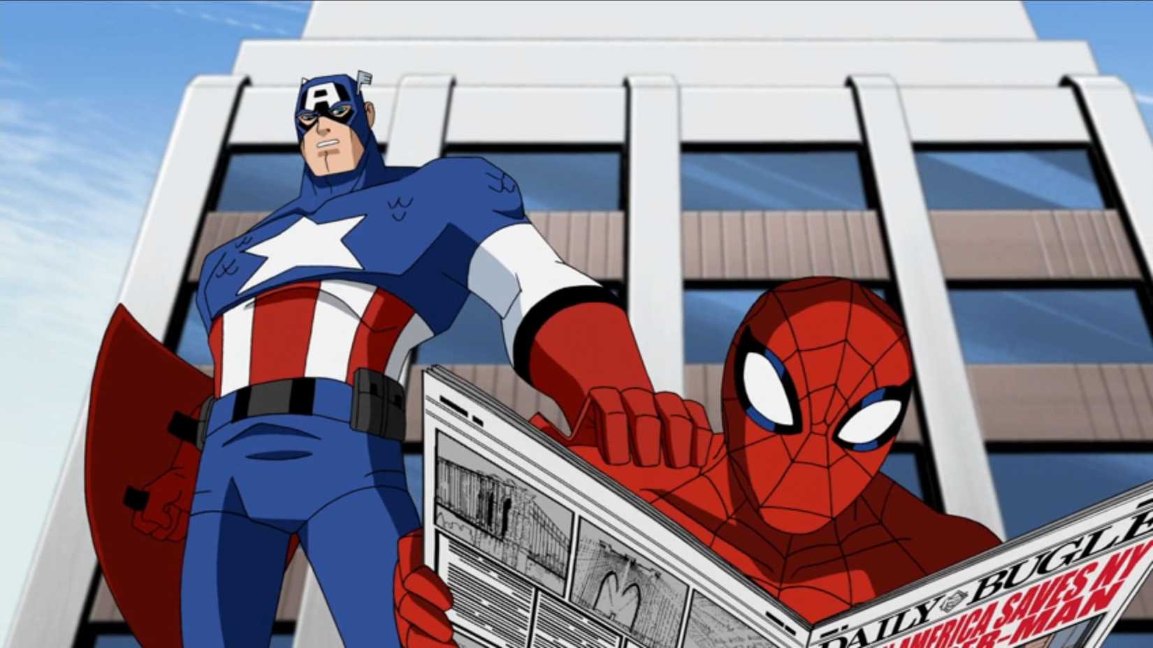 Capitão América com uma mão no ombro do Homem-Aranha em Vingadores: Os Super-Heróis Mais Poderosos da Terra
