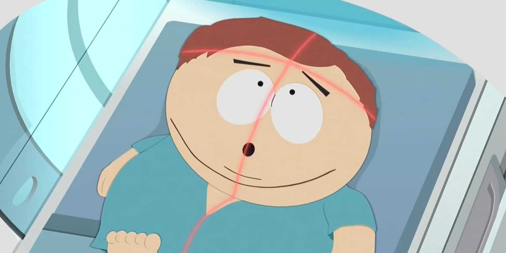 Cartman preocupado em uma máquina de ressonância magnética em South Park, temporada 28, episódio 1