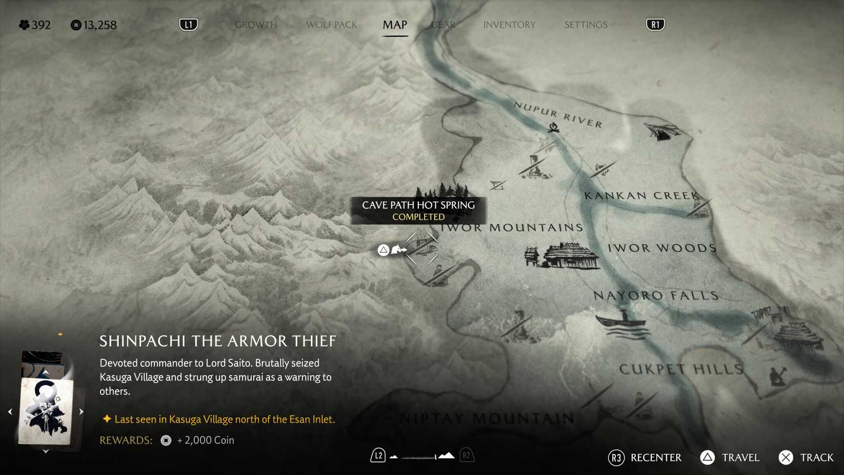 Map screen showing the location of Cave Path Hot Spring in Ghost of Yotei.