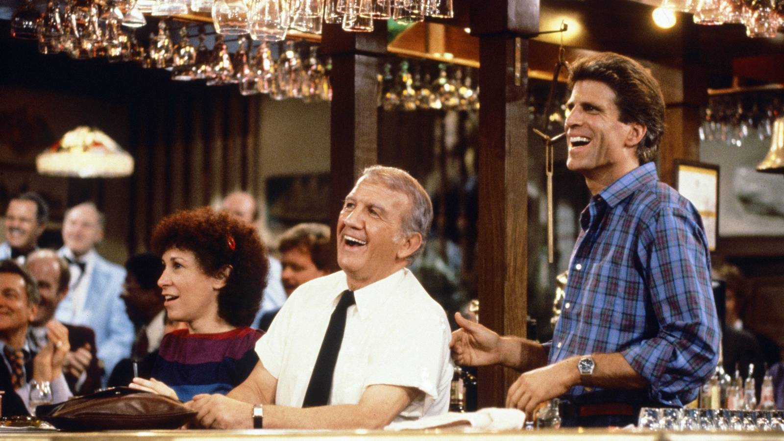 Rhea Perlman, Nicholas Colasanto and Ted Danson laughing in Cheers