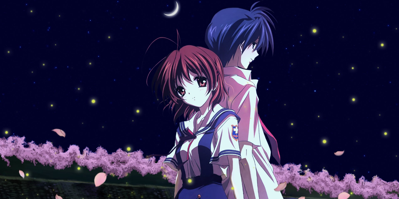 Clannad anime featured image - Tomoya and Nagisa standing together under a starry sky