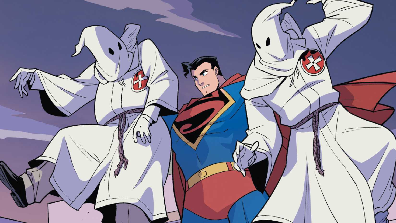 Clark Kent holds up two hooded members in Superman Smashes the Klan