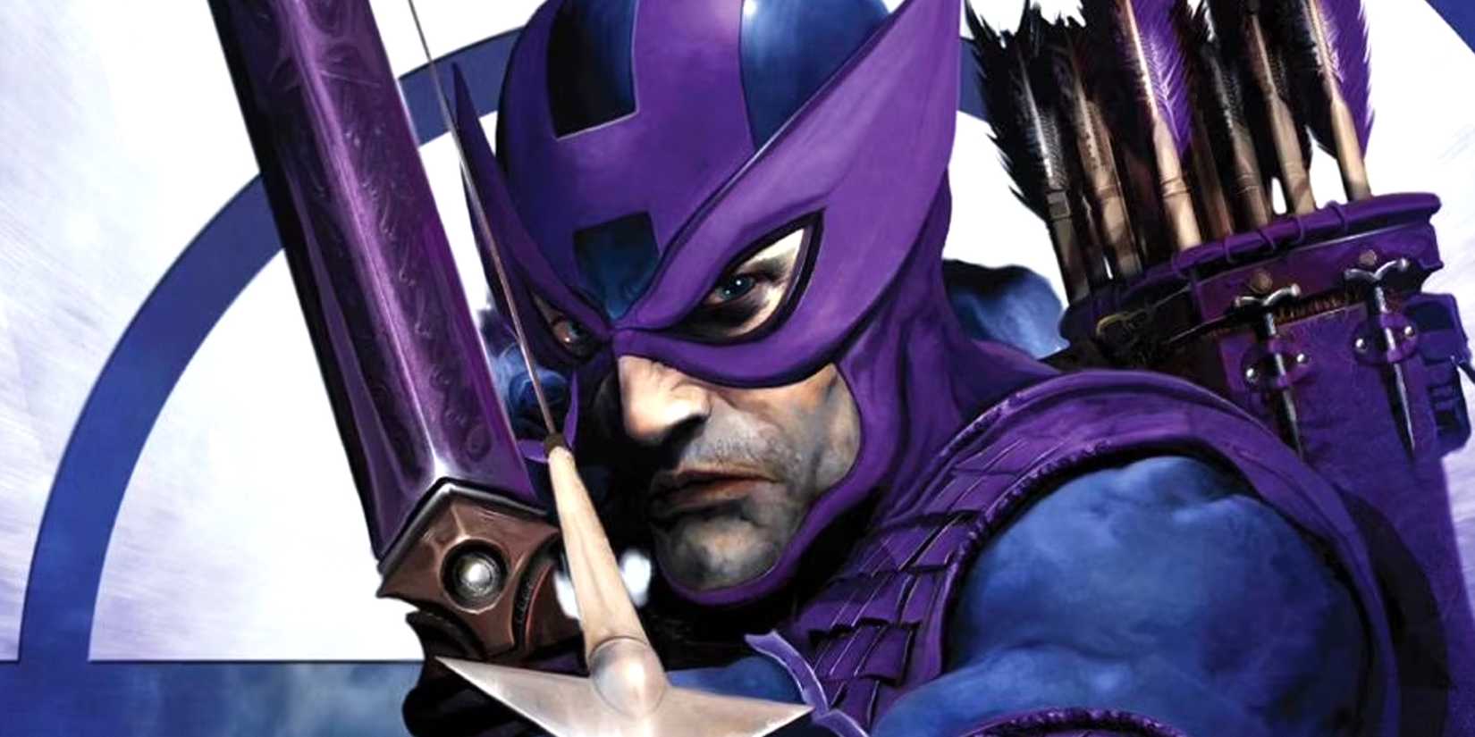 Clint Barton aims an arrow straight at the camera using his classic Hawkeye costume in Avengers comic cover