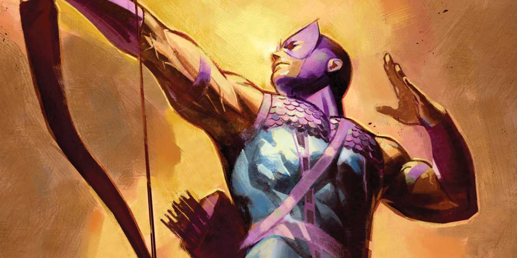 Clint Barton shoots an arrow from his bow in Black Widow & Hawkeye comic cover
