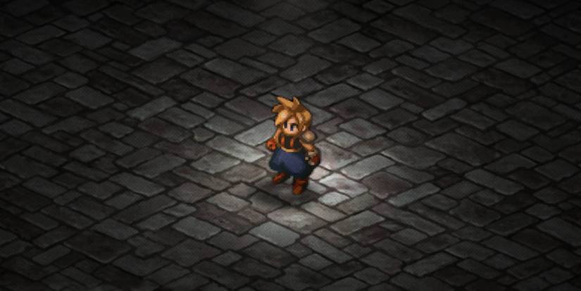 Cloud Strife on a stone backdrop as he appears in Final Fantasy Tactics.