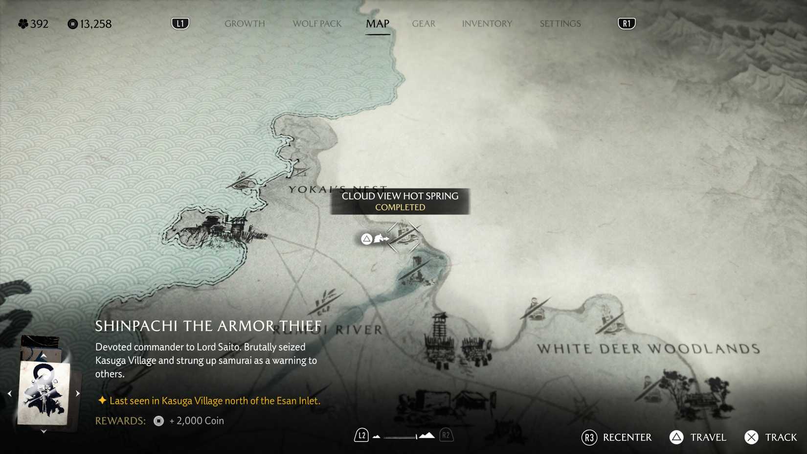 Map screen showing the location of Cloud View Hot Spring in Ghost of Yotei.