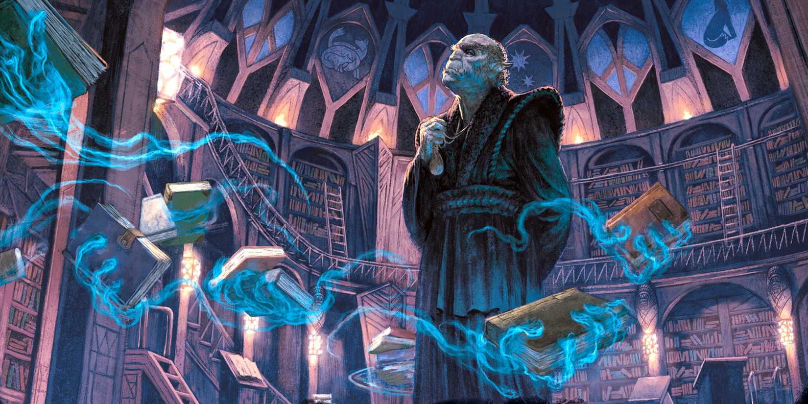 D&D character Lethchauntos surrounded by flying books in a large library