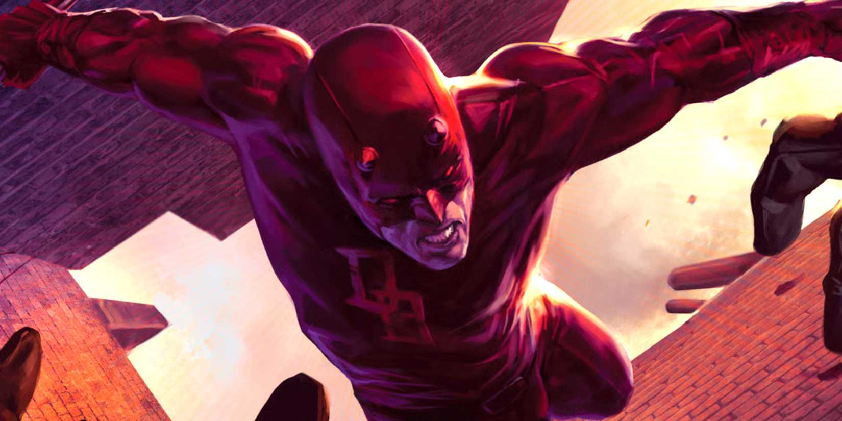 Daredevil fights upside down in an alley in Marvel art by Marko Djurdjevic