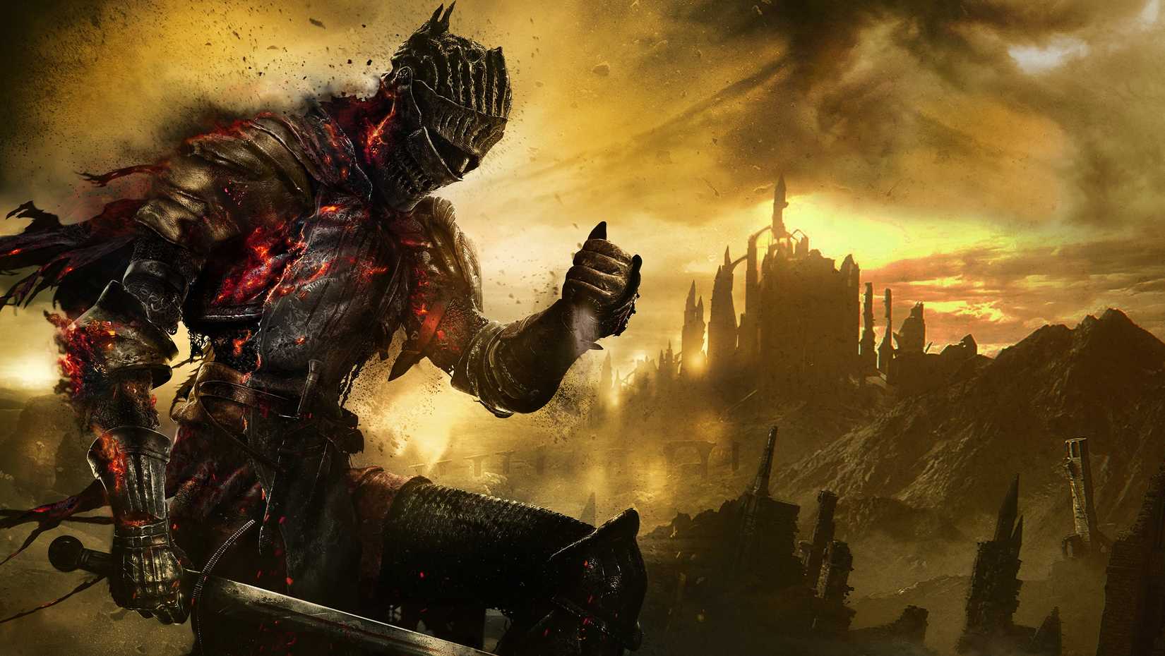 Dark Souls-Titelbild: Ritter und Königreich im Hintergrund