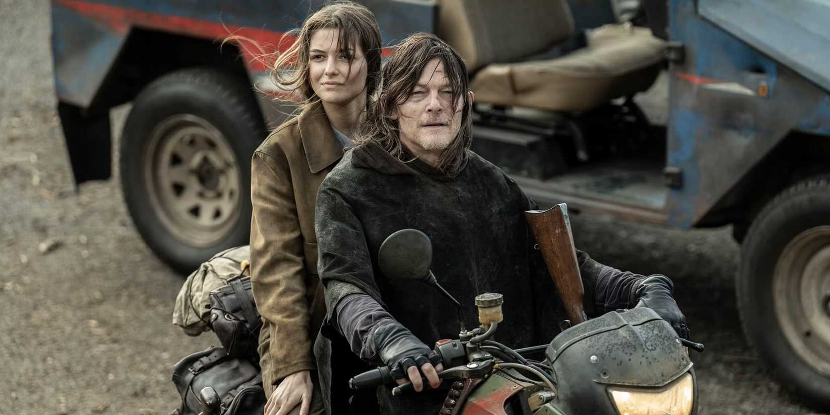 Daryl (Norman Reedus) and Justina (Candela Saitta) looking happy while riding a  motorcycle in The Walking Dead: Daryl Dixon season 3