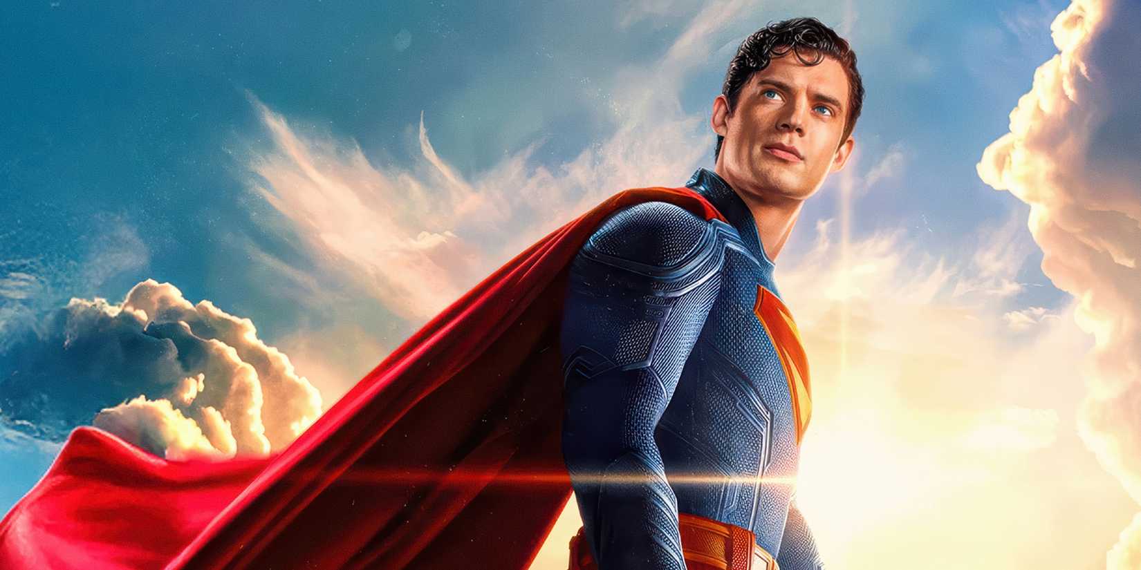 Superman em poster do filme, olhando para o horizonte