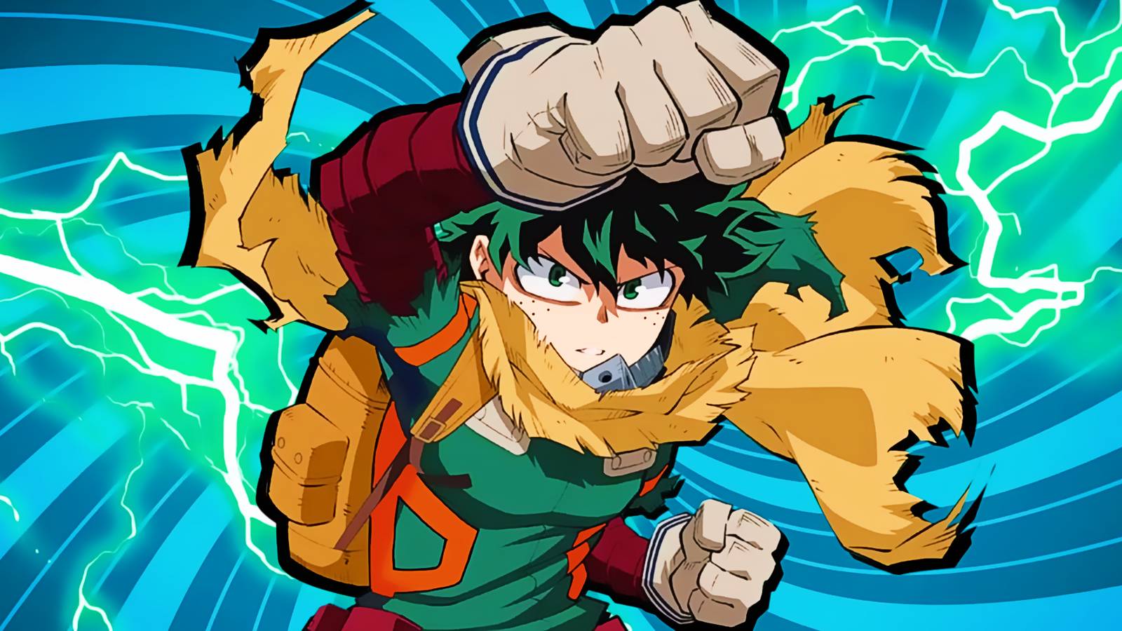 Deku from My Hero Academia against a blue swirly background. 