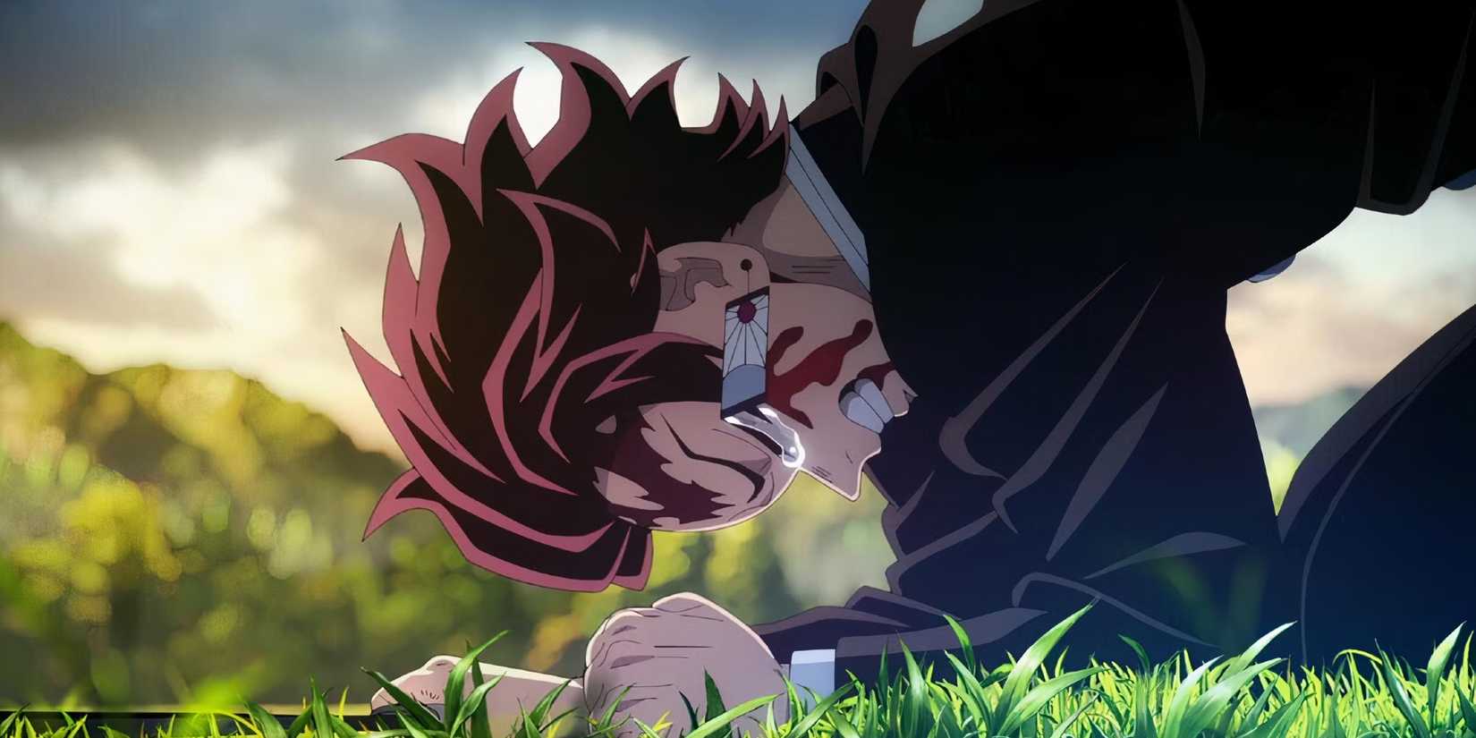 Tanjiro do Demon Slayer está batendo os punhos no chão, cerrando os dentes e chorando.
