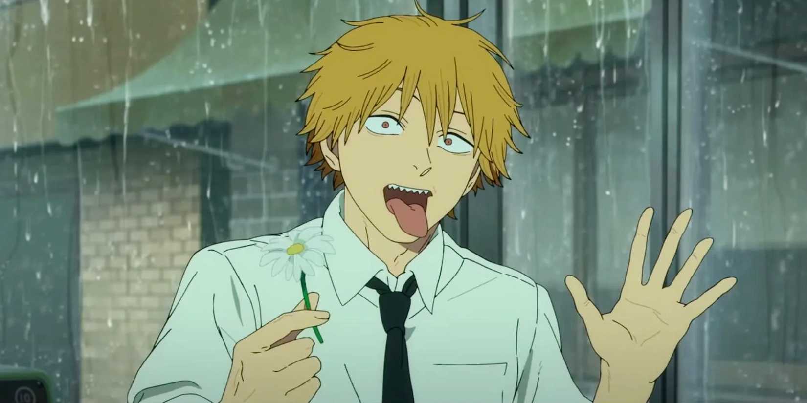 Denji holding a flower and sticking out his tongue in Chainsaw Man — The Movie: Reze Arc.