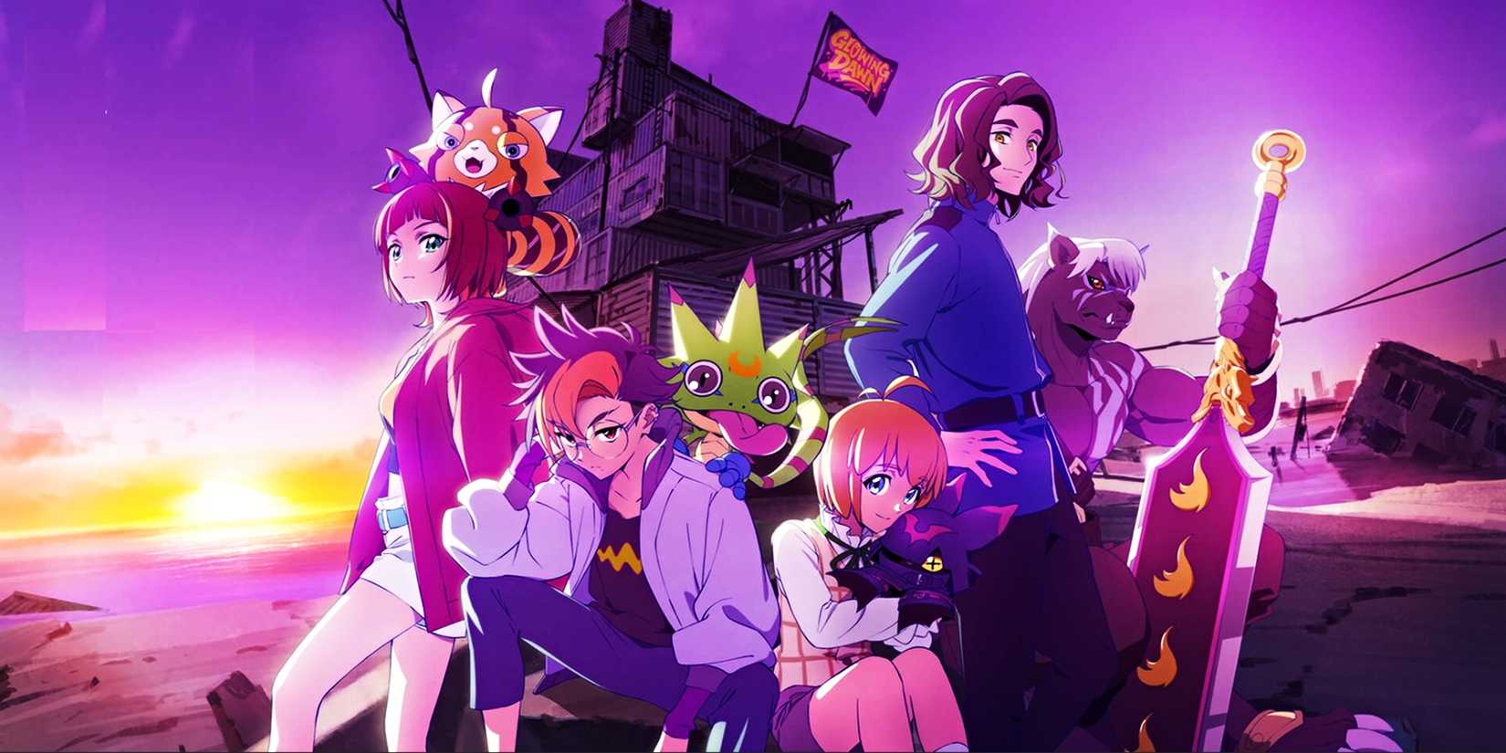 Cast of Digimon Beatbreak with their digimons in the anime's main visual