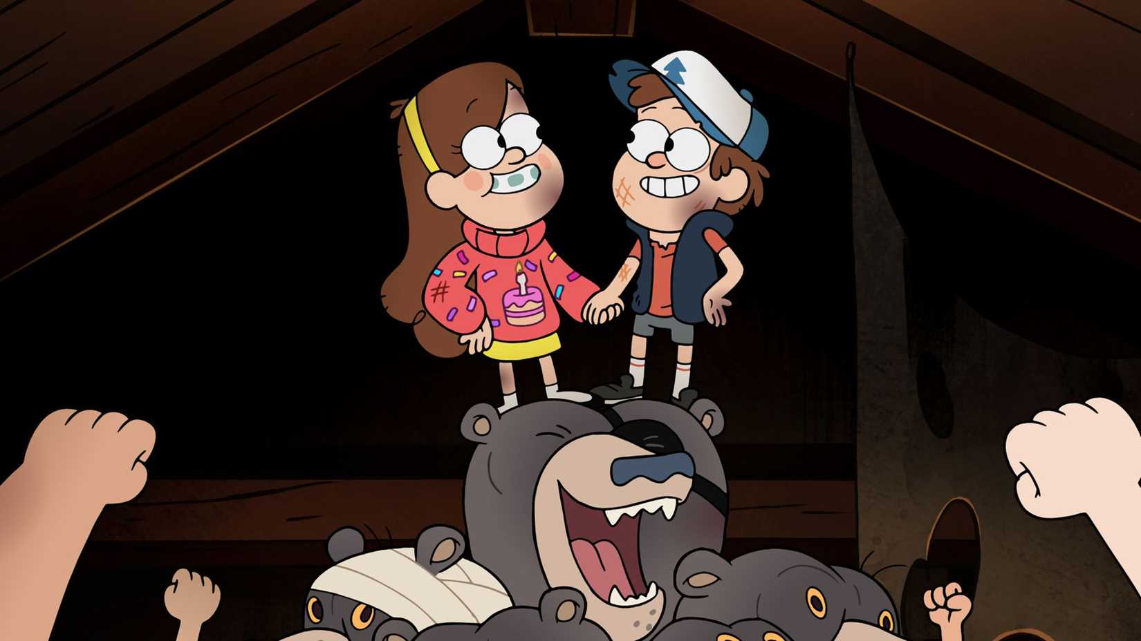 Dipper and Mabel triumphantly holding hands in Gravity Falls