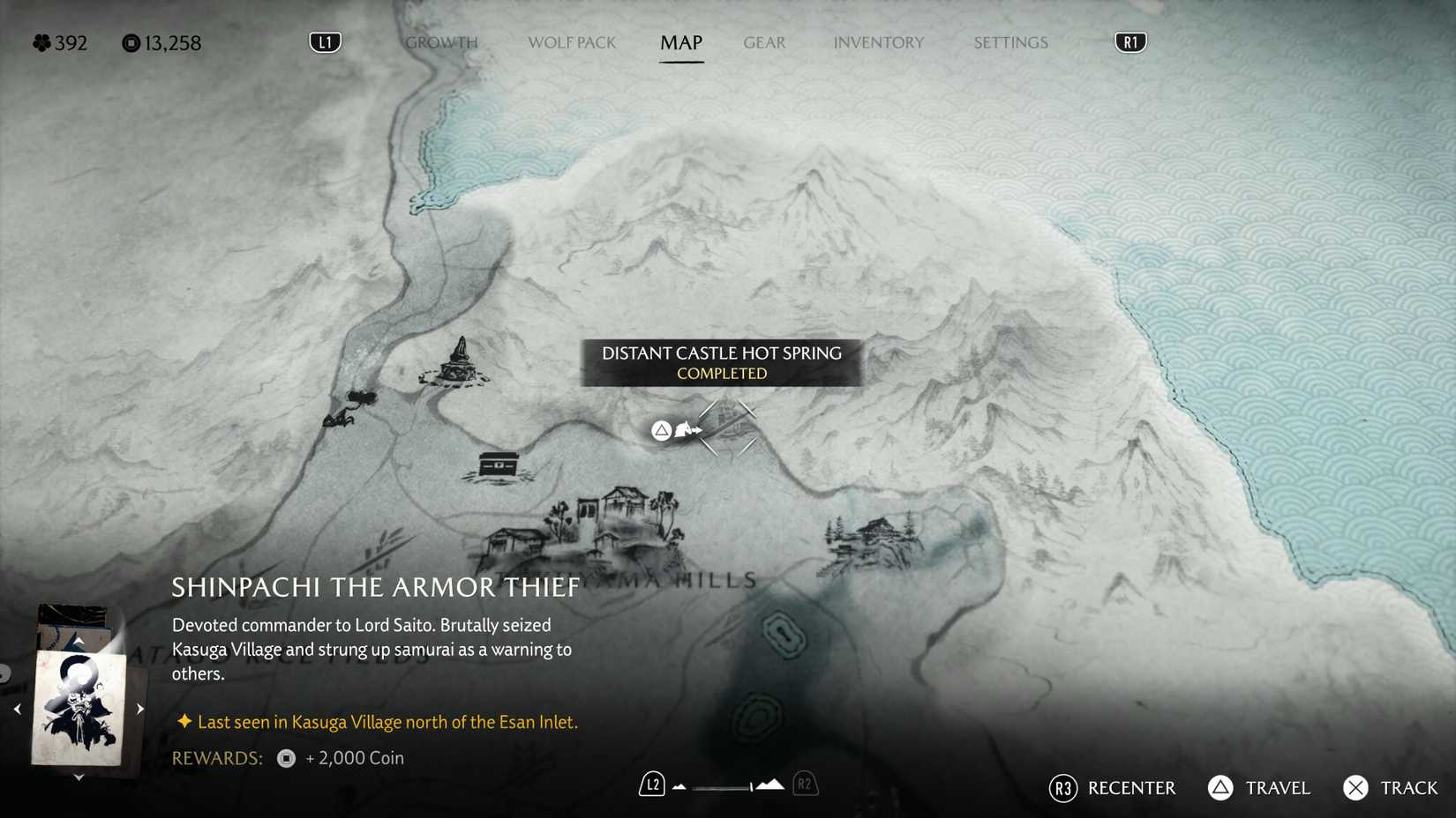 Map screen showing the location of Distant Castle Hot Spring in Ghost of Yotei.