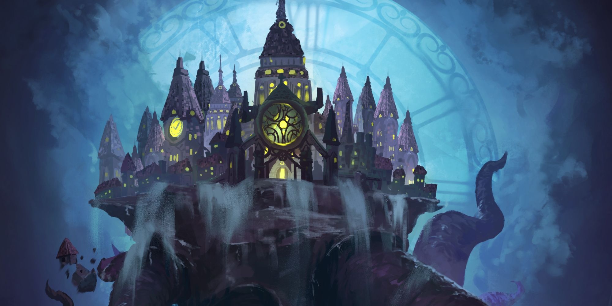 The city of Chapelwick arises from the sea, held by large tentacles.