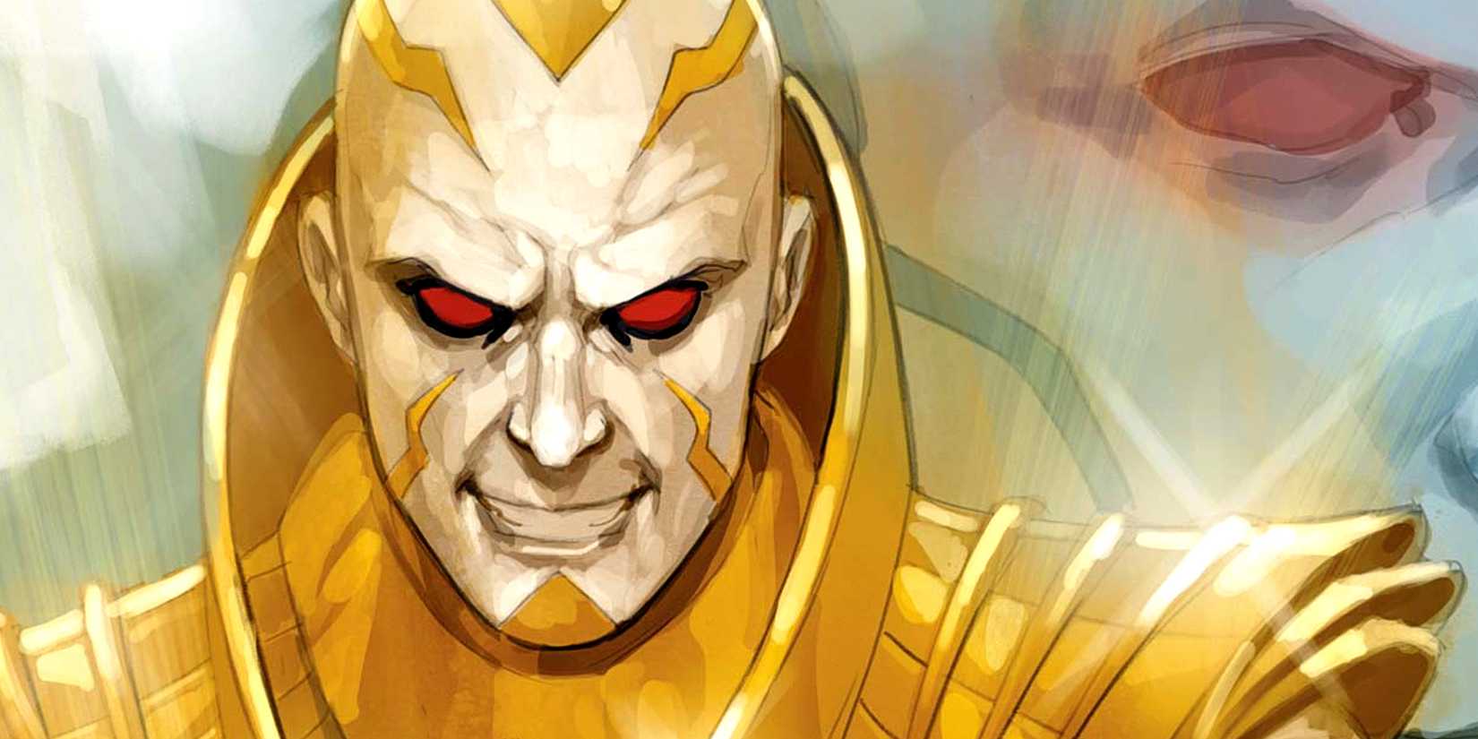 Doug Ramsey smiles as Revelation in front of Apocalypse's face