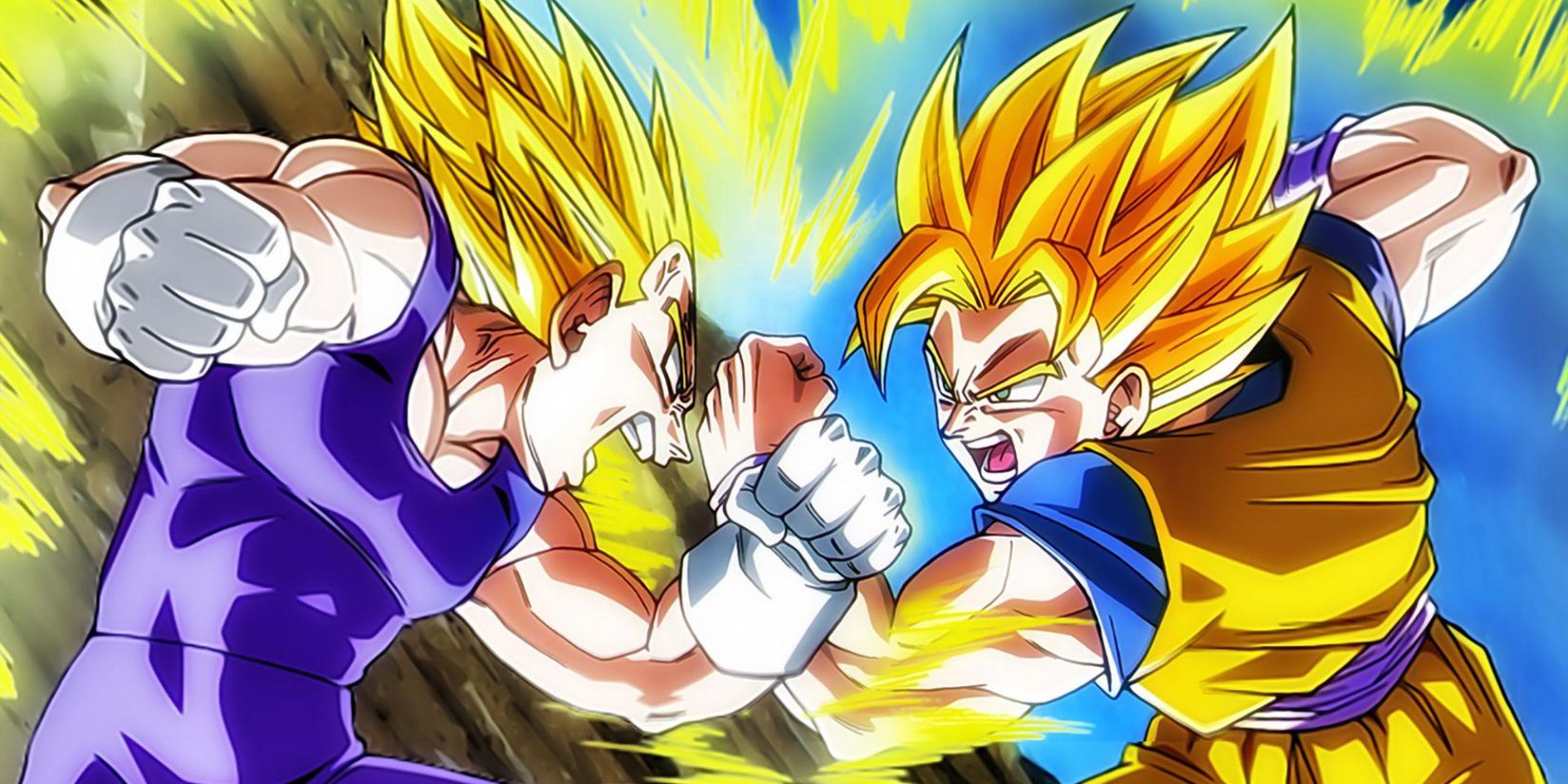 Dragon Ball anime featured image - Goku and Vegeta fighting each other in Super Saiyan form