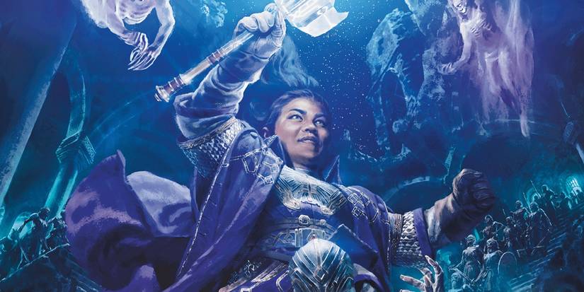 In Dungeons and Dragons hebt eine Geistliche ihren leuchtenden Streitkolben.