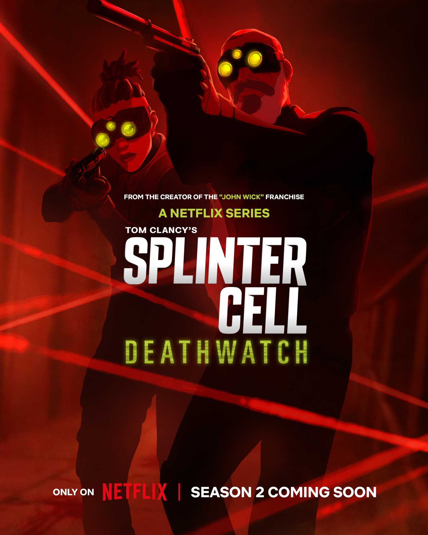 Sam and Zinnia holding guns in Netflix poster announcing Splinter Cel Deathwatch season 2.