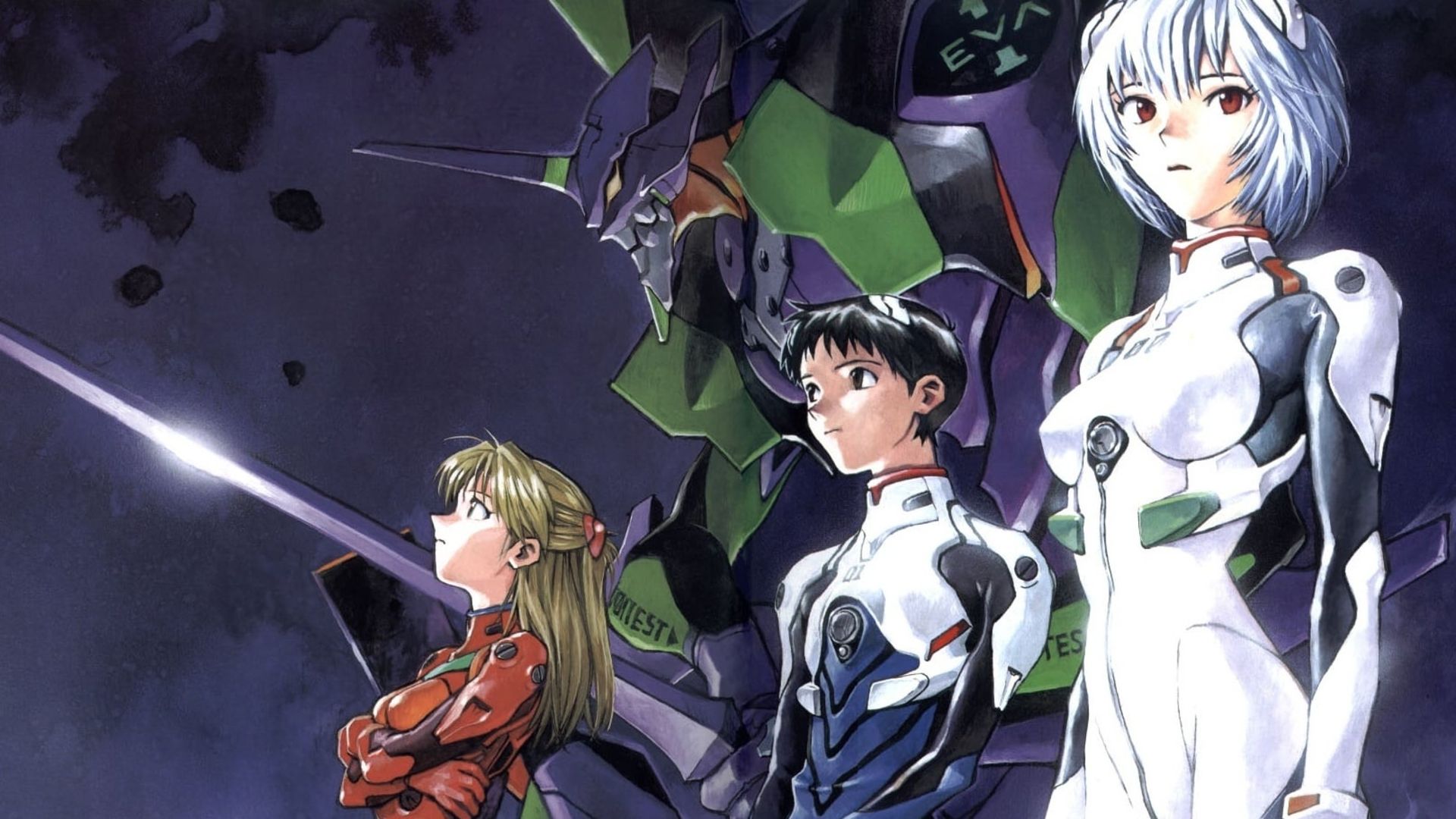 Rei, Shinji, and Asuka looking into the distance with Evangelion Unit-01 behind them.