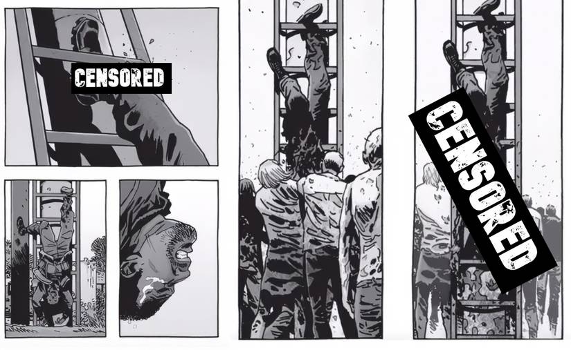 Father Gabriel hanging upside down on a ladder getting eaten by zombies in The Walking Dead.